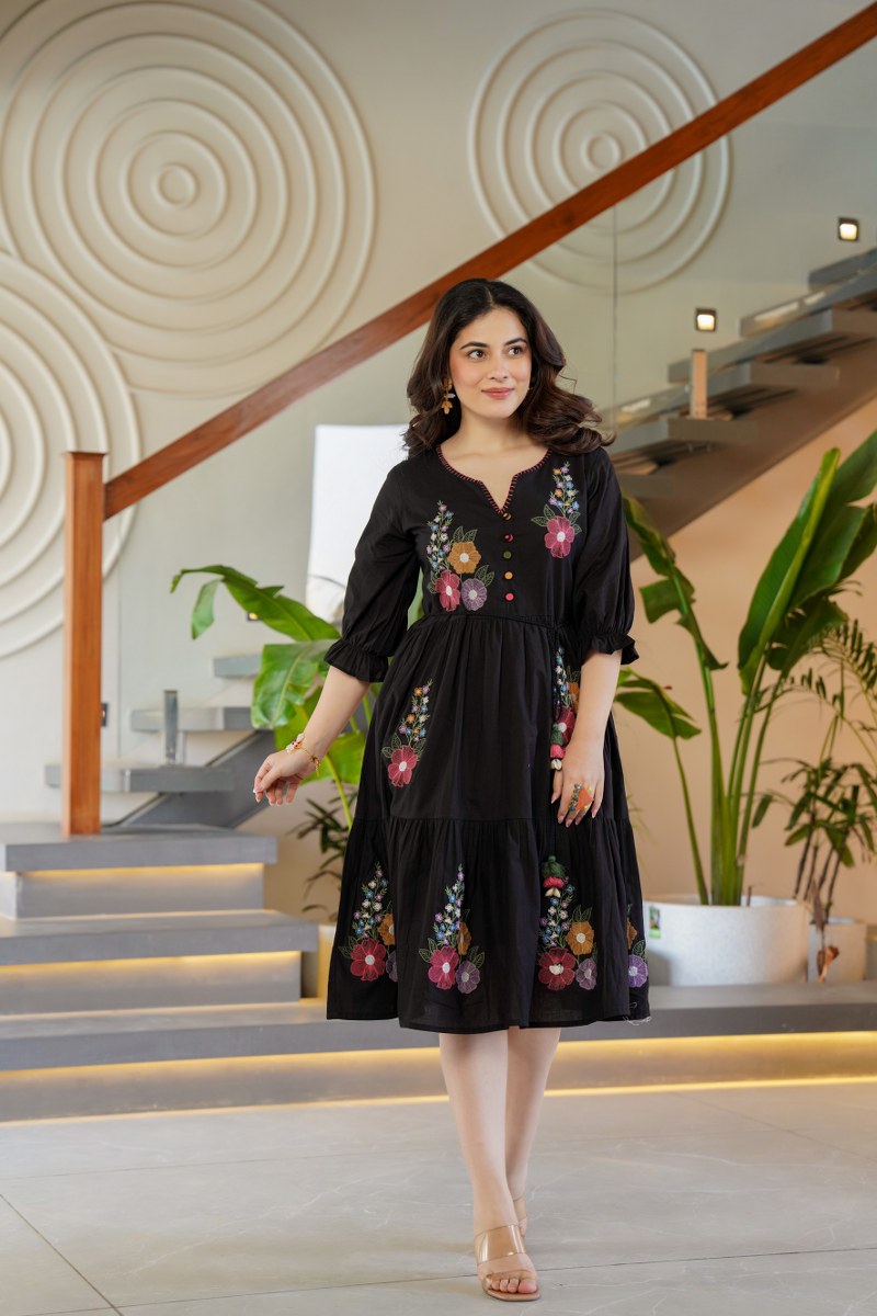 Tiara Onyx Embroidered Cotton Dress