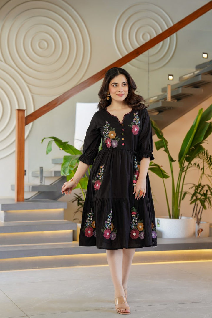 Tiara Onyx Embroidered Cotton Dress