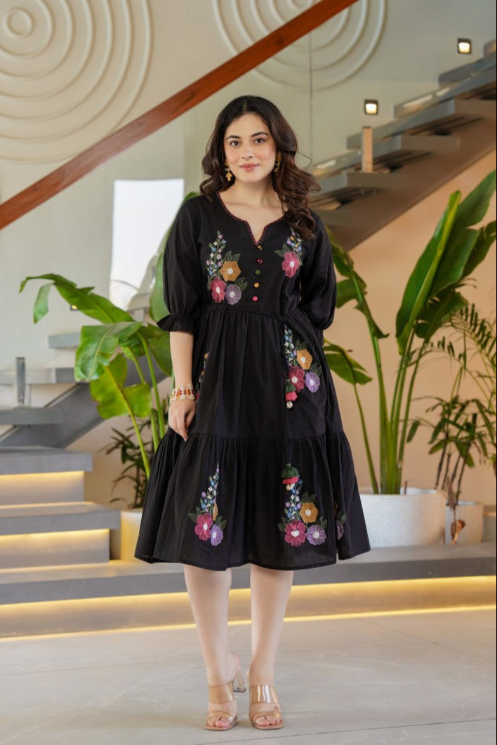 Tiara Onyx Embroidered Cotton Dress