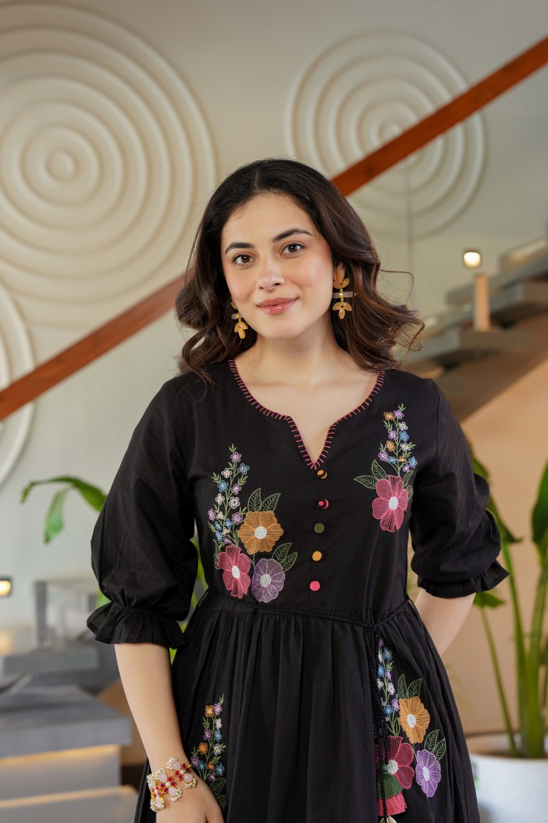Tiara Onyx Embroidered Cotton Dress