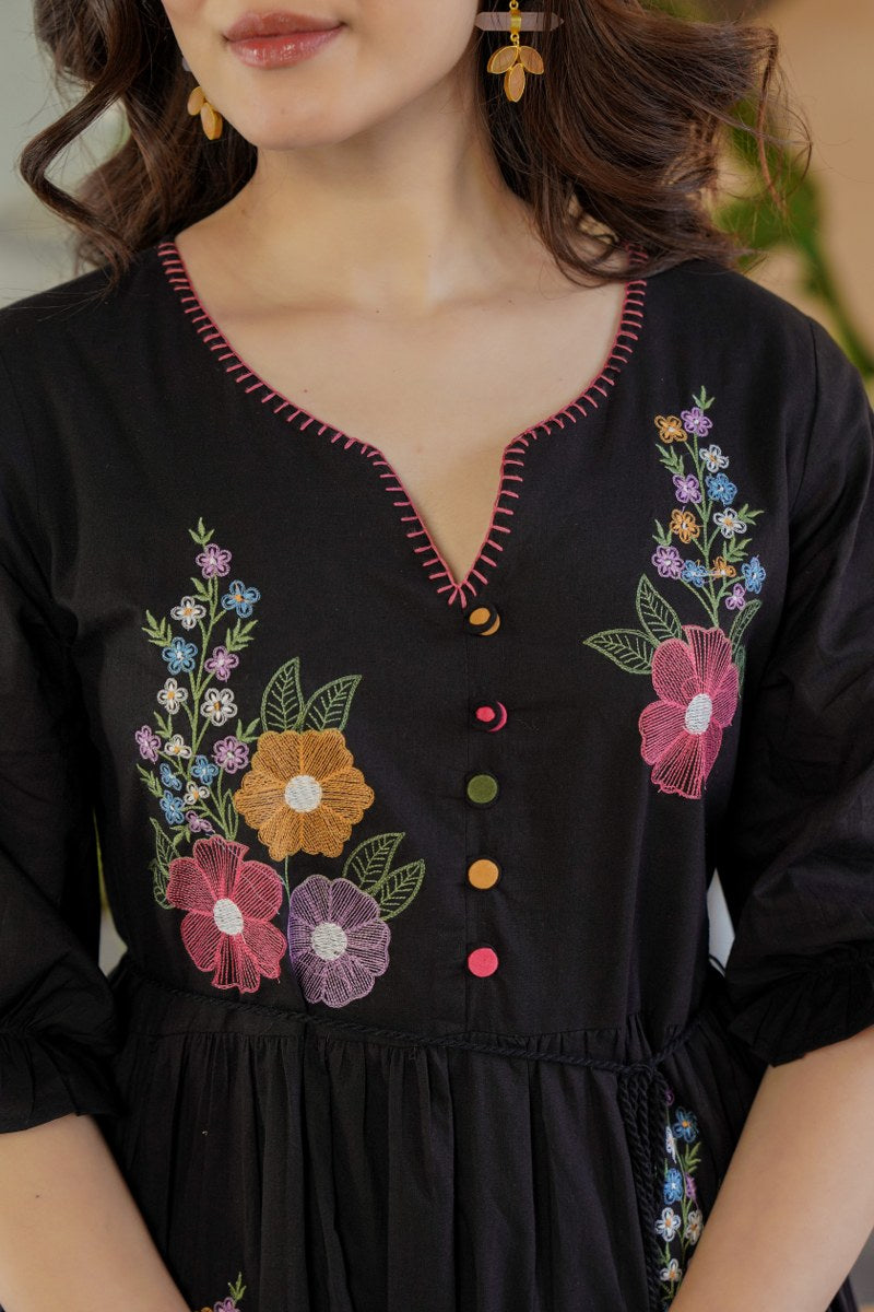 Tiara Onyx Embroidered Cotton Dress