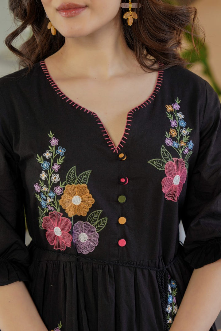 Tiara Onyx Embroidered Cotton Dress