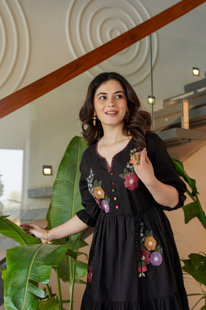 Tiara Onyx Embroidered Cotton Dress