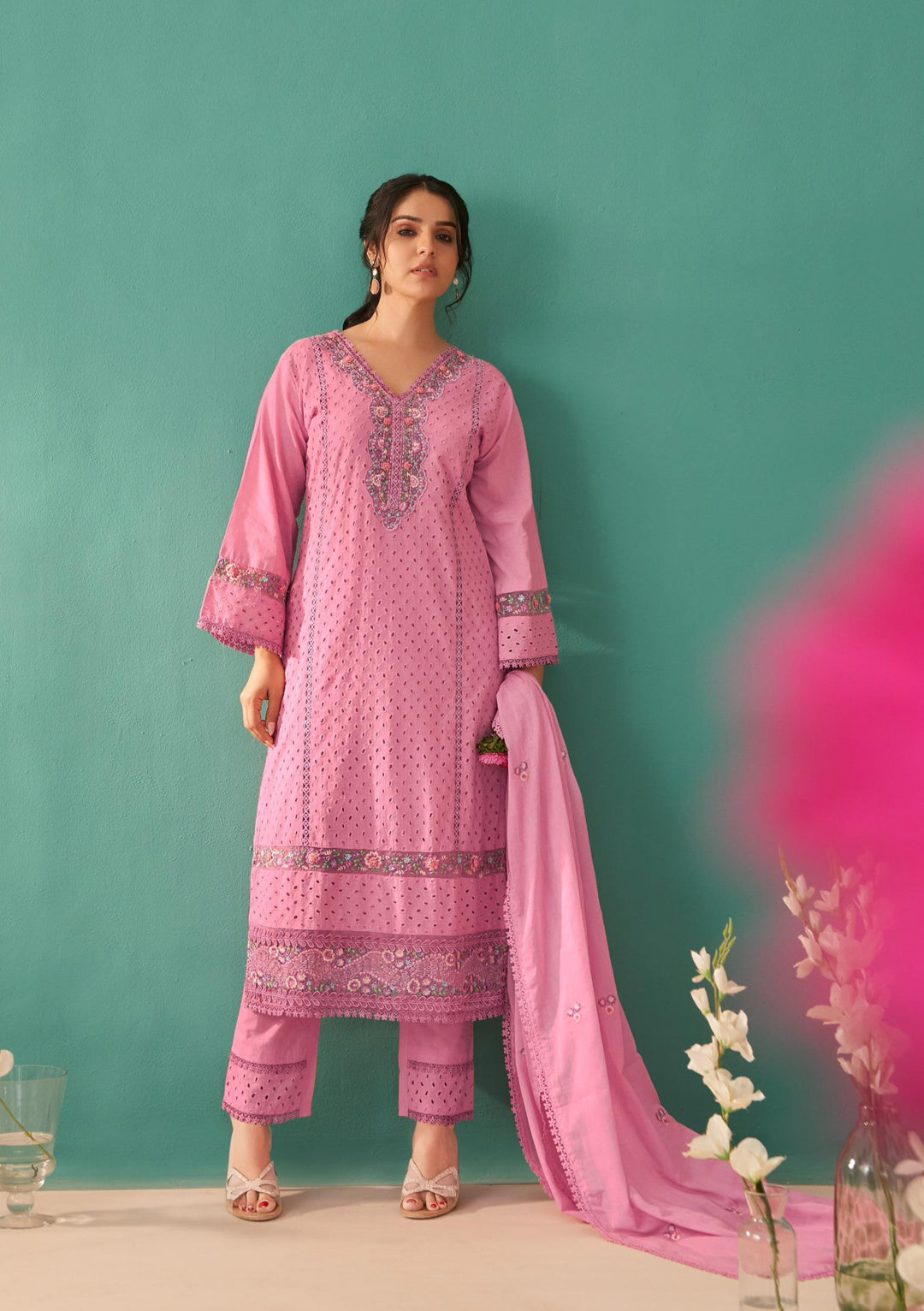 Nadira Punch Schiffli Cotton embroidery suit set