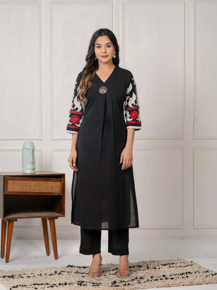 Mika ebony embroidery cotton kurta pant set