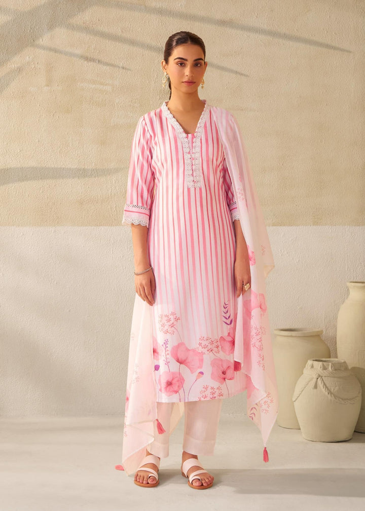Nadira Pink&white Linen Cotton Suit set