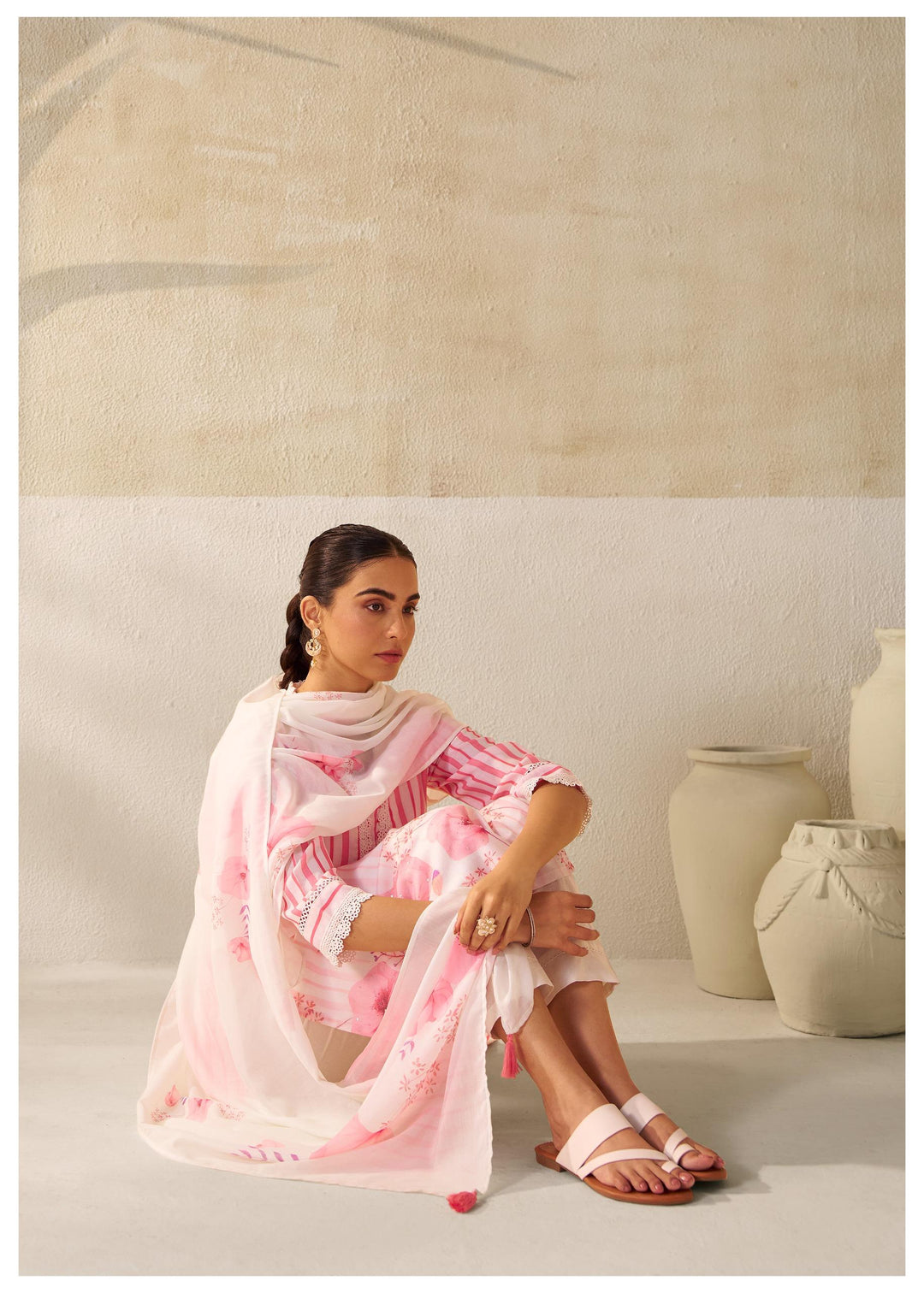 Nadira Pink&white Linen Cotton Suit set