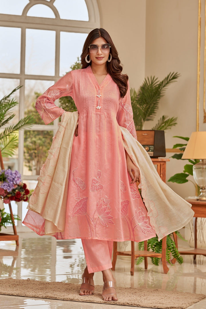 Gaurisha Salmon Pure Mul Applique Suit Set