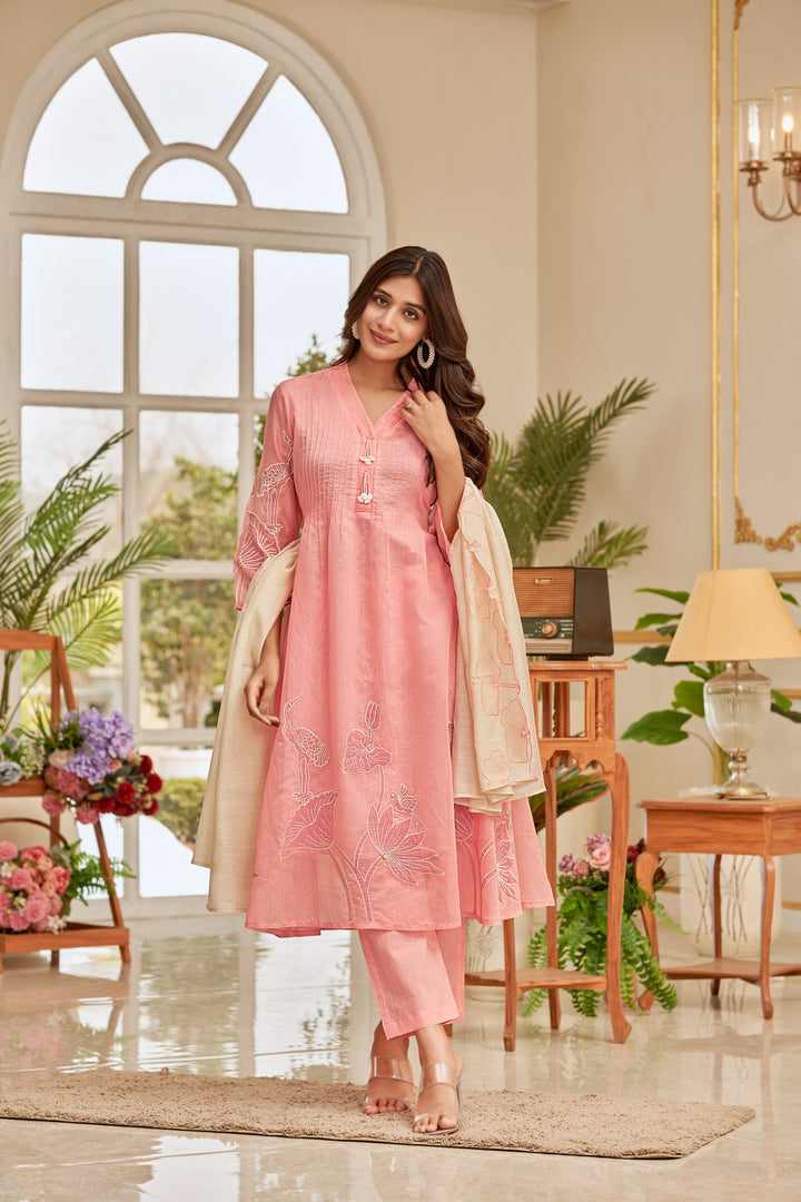 Gaurisha Salmon Pure Mul Applique Suit Set