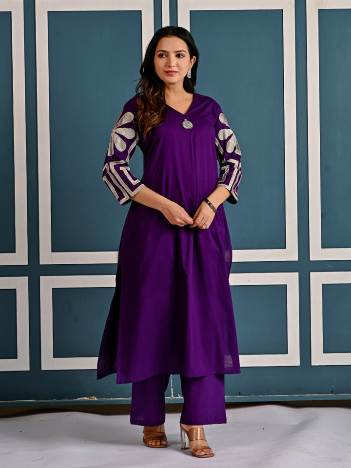 Mika amethyst Embroidery cotton Kurta Pant Set