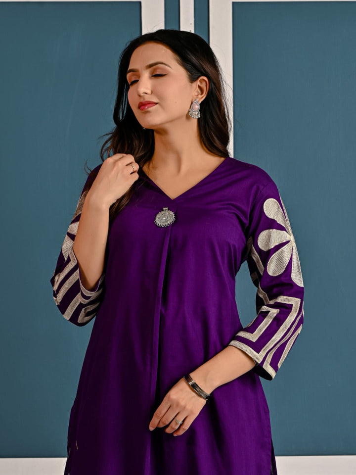 Mika amethyst Embroidery cotton Kurta Pant Set