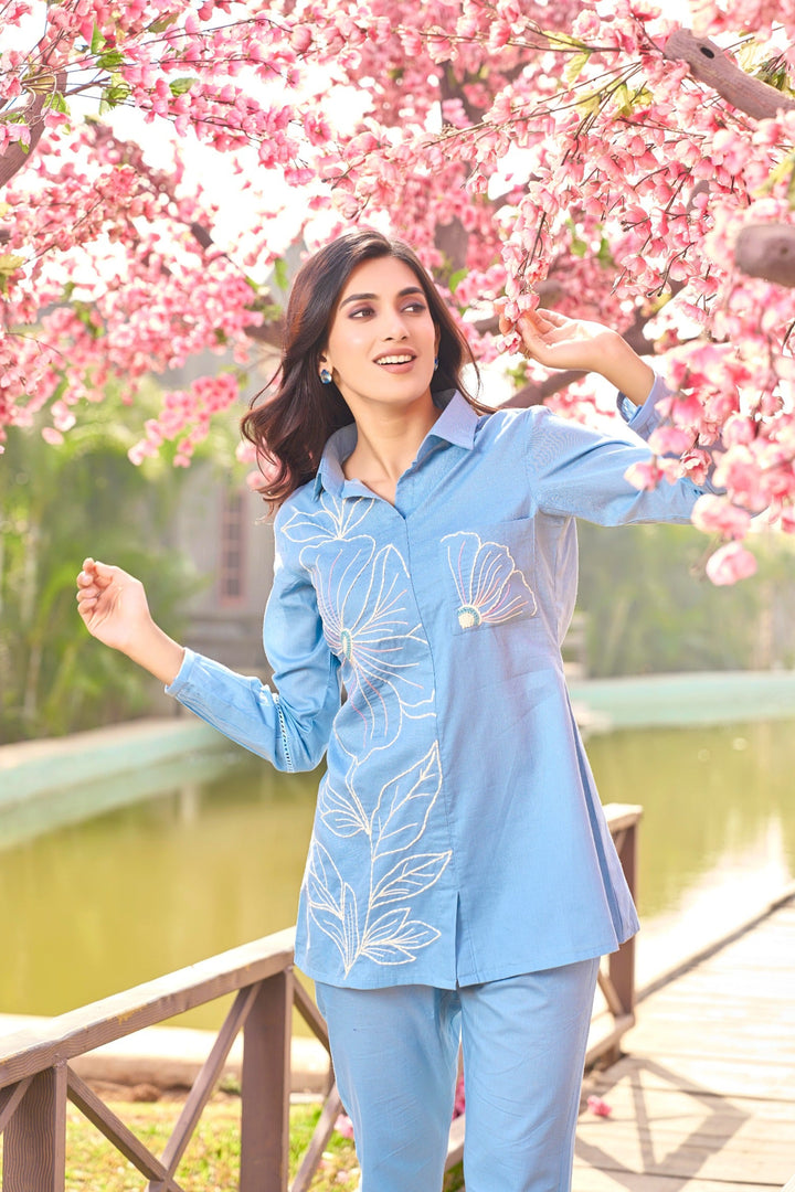 Iyana SoftBlue Embroidery Cotton  Co-ord Set