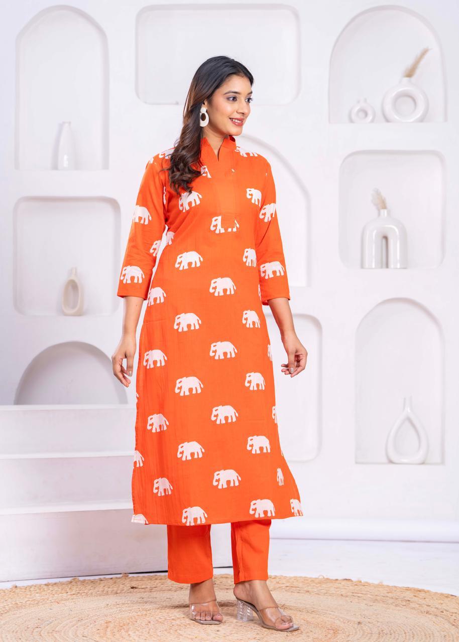 Jayti Apricot Elephant Cotton Kurta Pant Set
