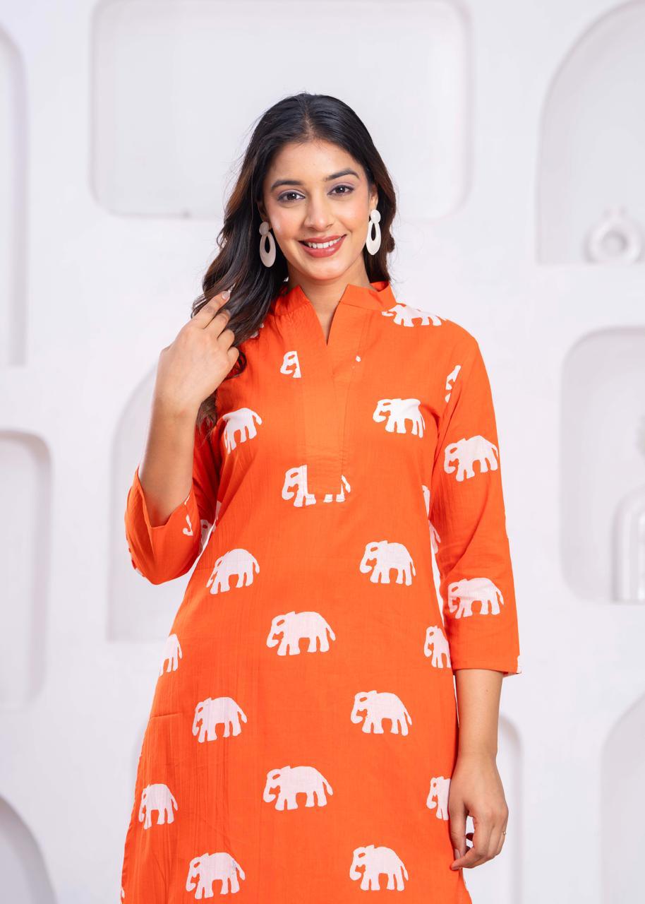 Jayti Apricot Elephant Cotton Kurta Pant Set