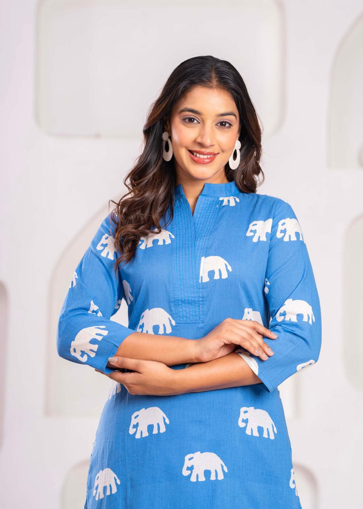 Jayti Aqua Elephant Cotton Kurta Pant Set