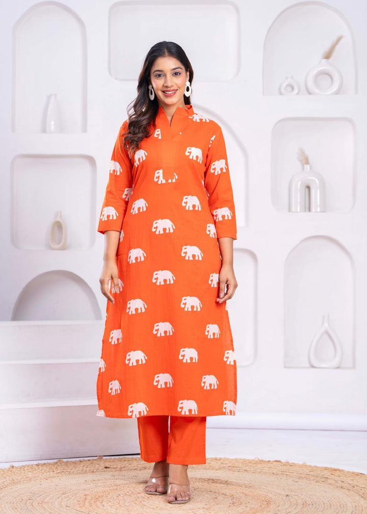 Jayti Apricot Elephant Cotton Kurta Pant Set