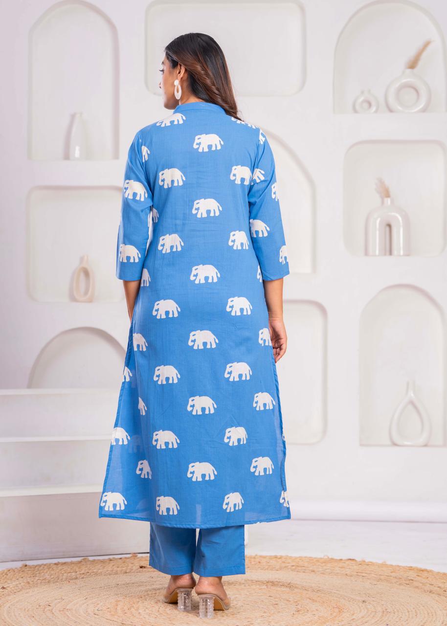 Jayti Aqua Elephant Cotton Kurta Pant Set