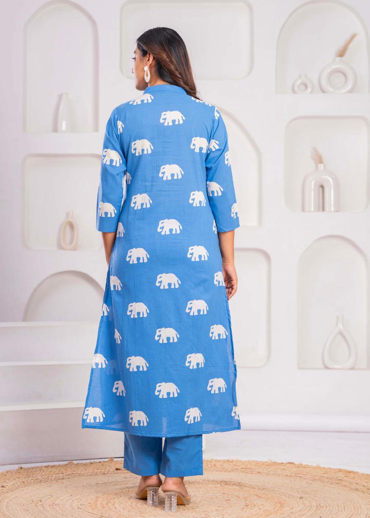 Jayti Aqua Elephant Cotton Kurta Pant Set