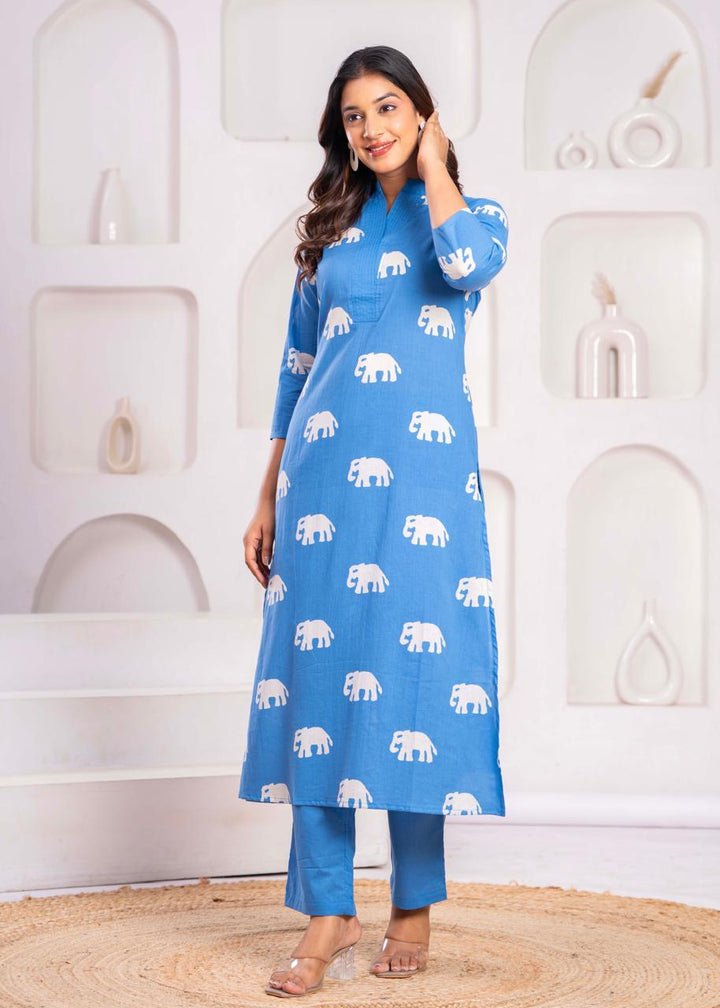 Jayti Aqua Elephant Cotton Kurta Pant Set