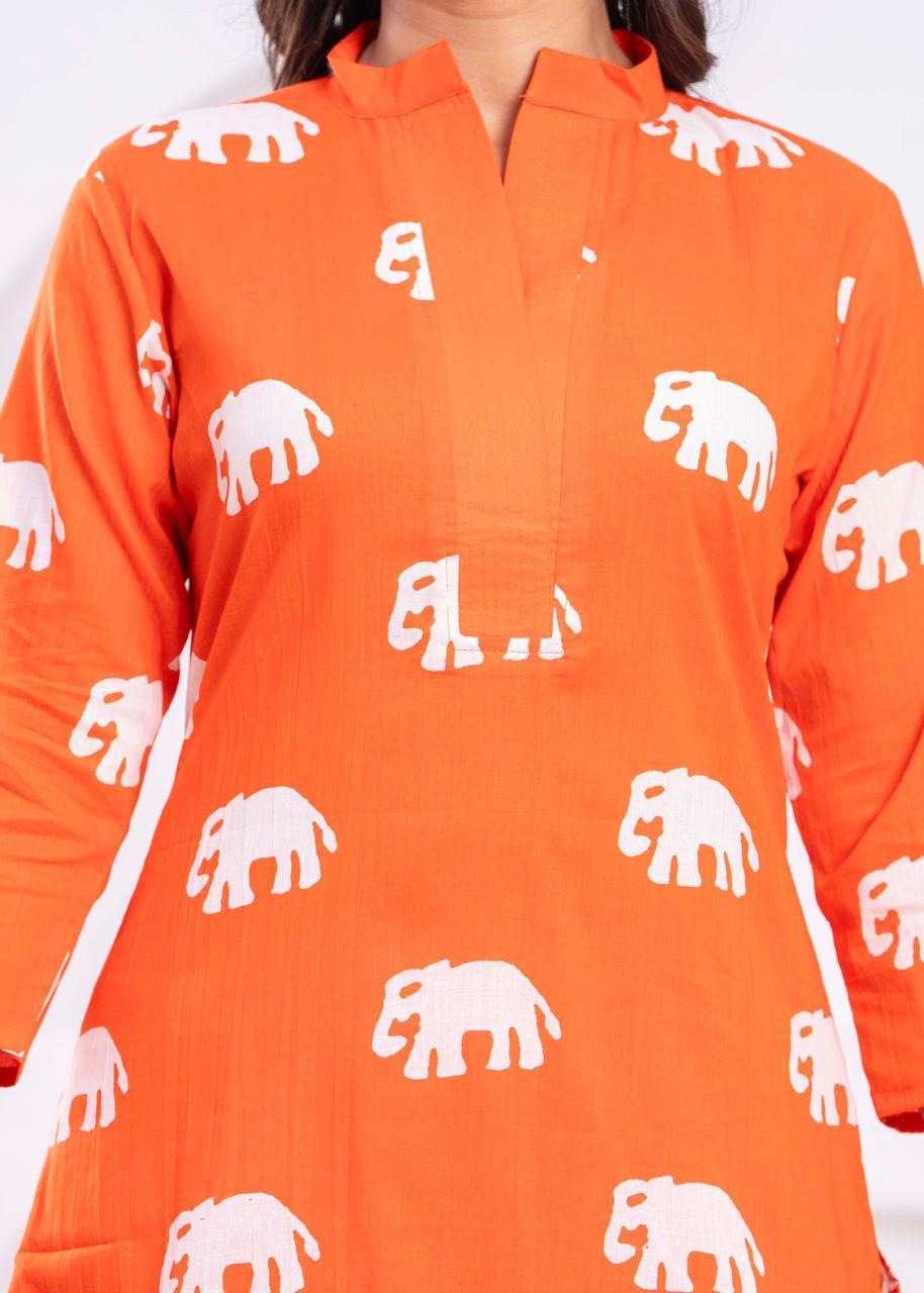 Jayti Apricot Elephant Cotton Kurta Pant Set