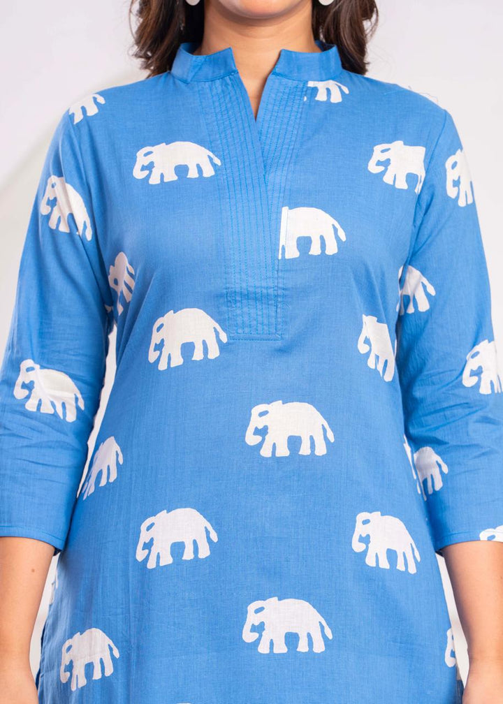 Jayti Aqua Elephant Cotton Kurta Pant Set
