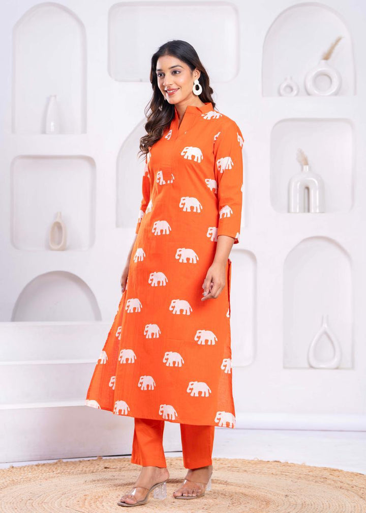 Jayti Apricot Elephant Cotton Kurta Pant Set