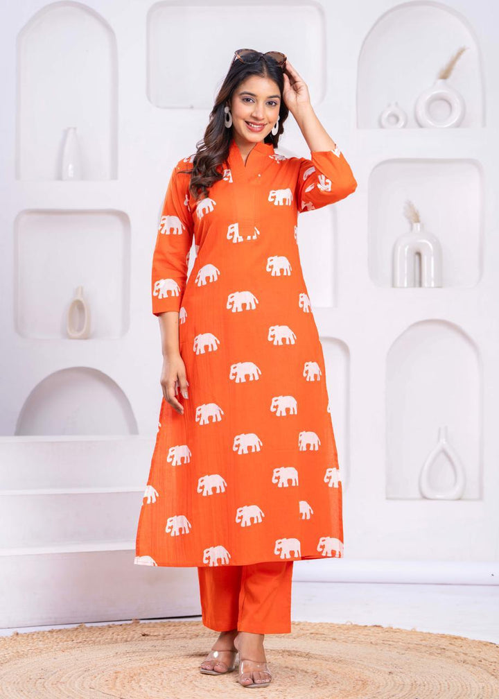 Jayti Apricot Elephant Cotton Kurta Pant Set