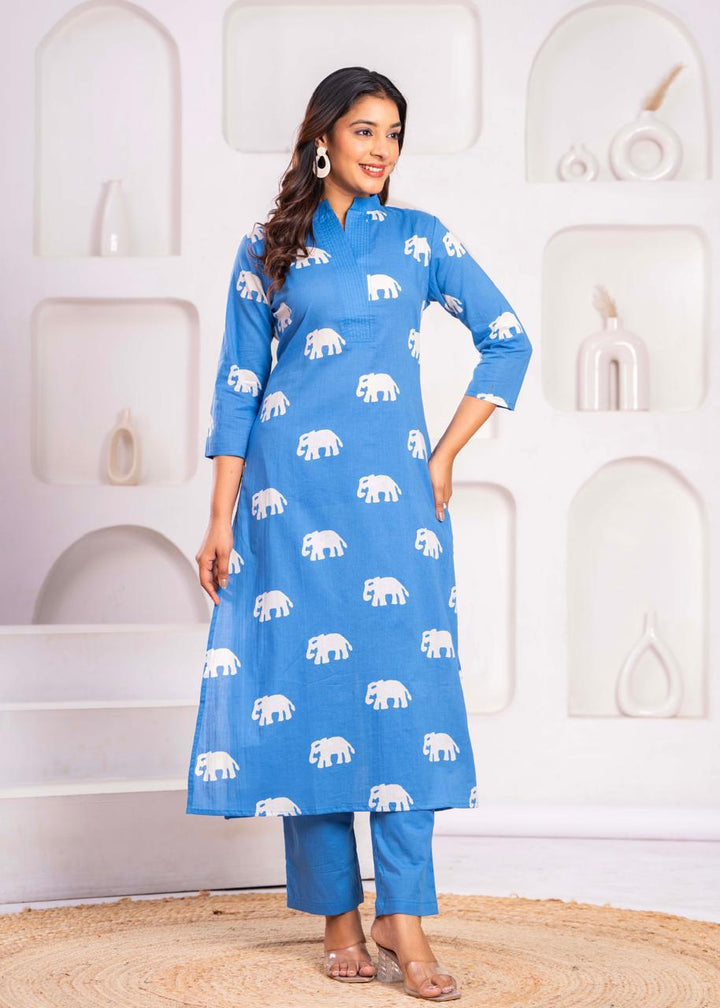 Jayti Aqua Elephant Cotton Kurta Pant Set