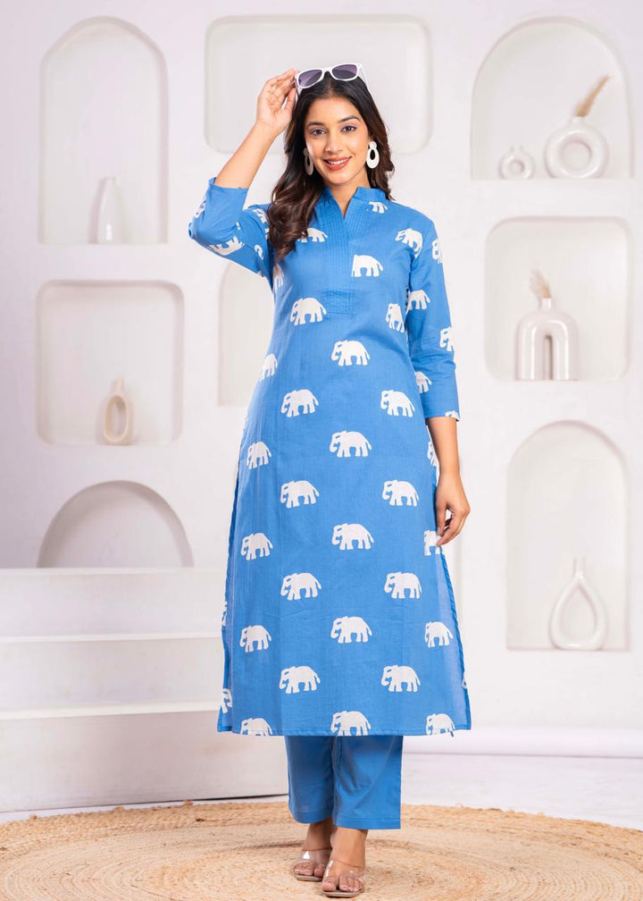 Jayti Aqua Elephant Cotton Kurta Pant Set