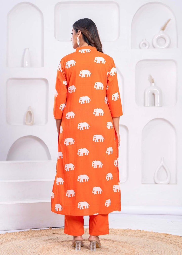 Jayti Apricot Elephant Cotton Kurta Pant Set