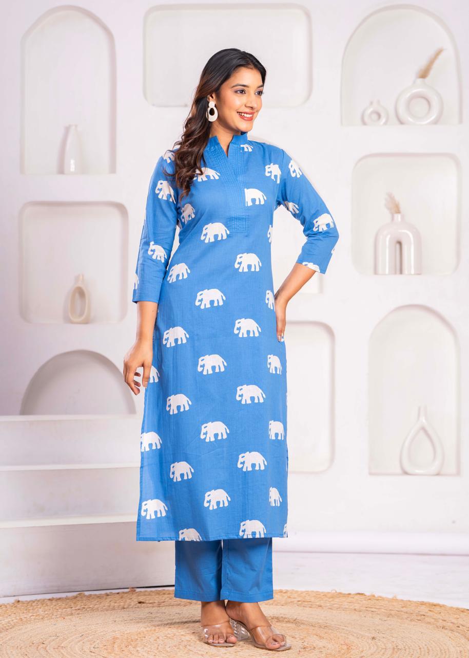 Jayti Aqua Elephant Cotton Kurta Pant Set