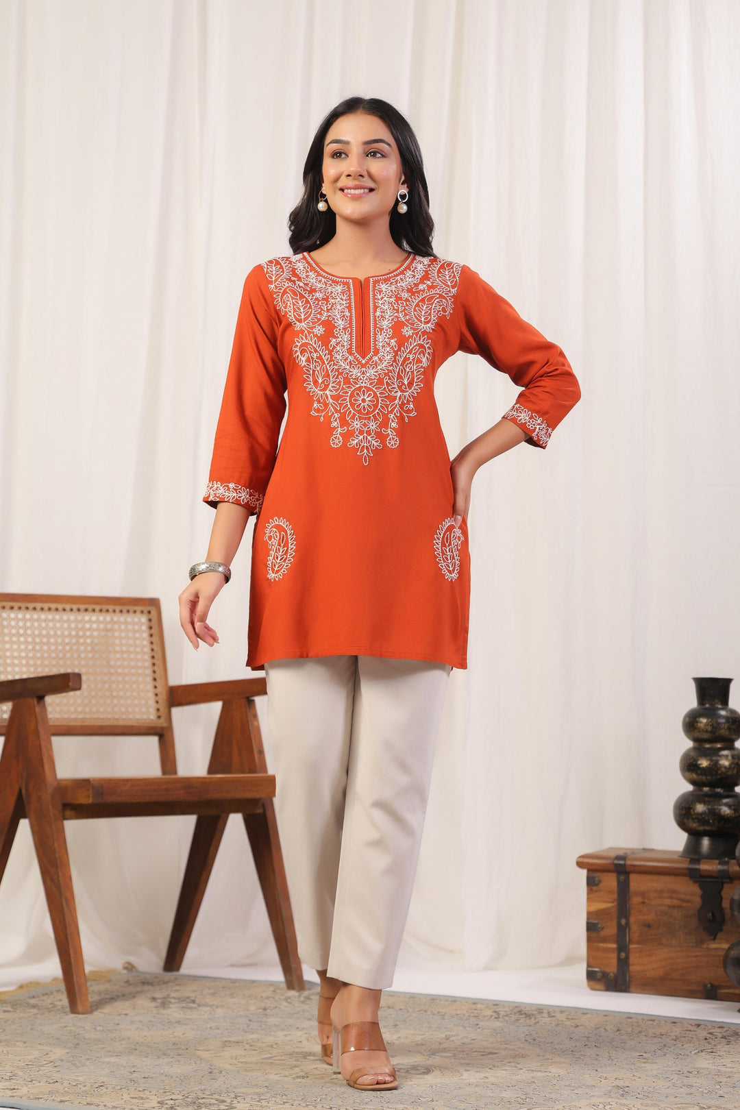 Cyra Apricot Embrodiery Top