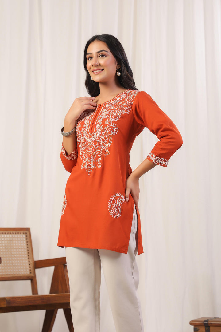 Cyra Apricot Embrodiery Top