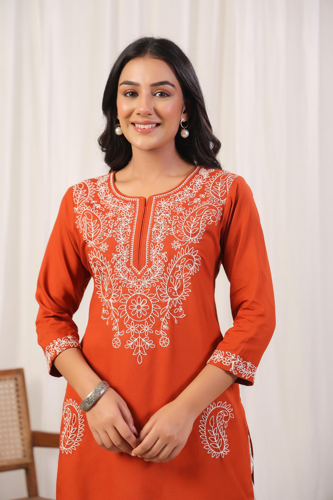 Cyra Apricot Embrodiery Top