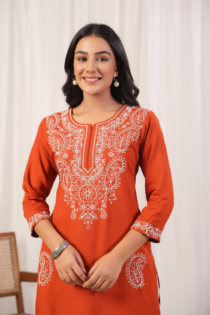 Cyra Apricot Embrodiery Top