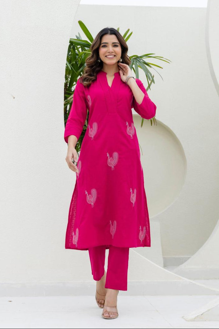 Mokabara Flamingo Embroidery Cotton Kurta Pant Set