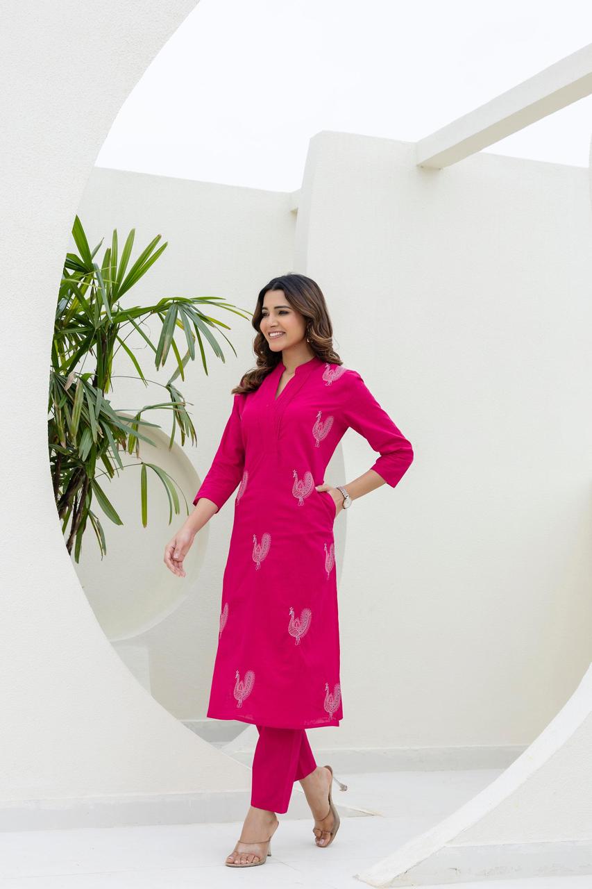 Mokabara Flamingo Embroidery Cotton Kurta Pant Set