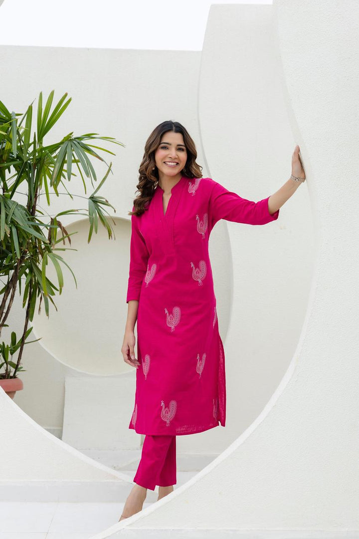 Mokabara Flamingo Embroidery Cotton Kurta Pant Set