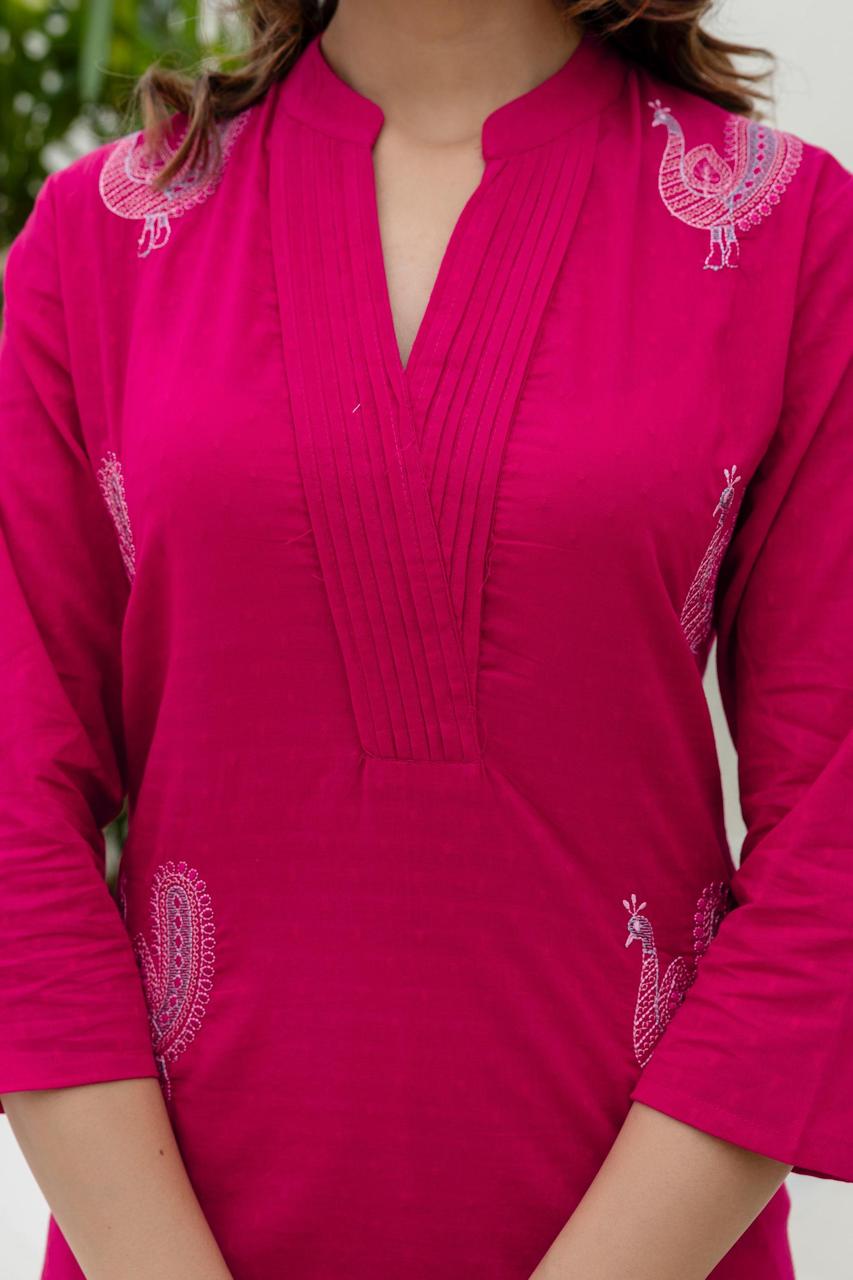 Mokabara Flamingo Embroidery Cotton Kurta Pant Set