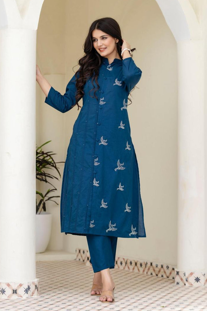 Mokabara Hibis Embroidery Cotton Kurta Pant Set