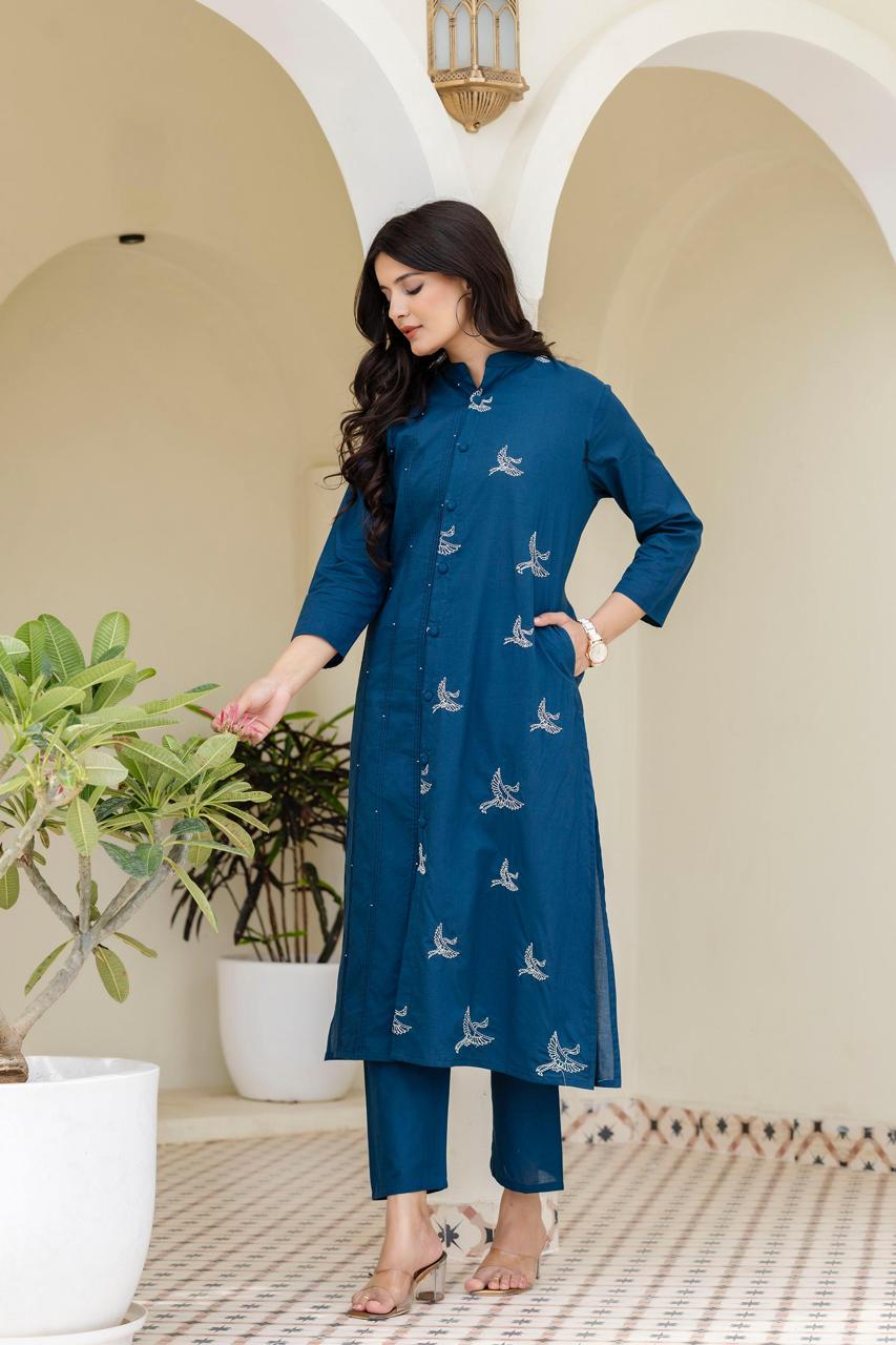 Mokabara Hibis Embroidery Cotton Kurta Pant Set