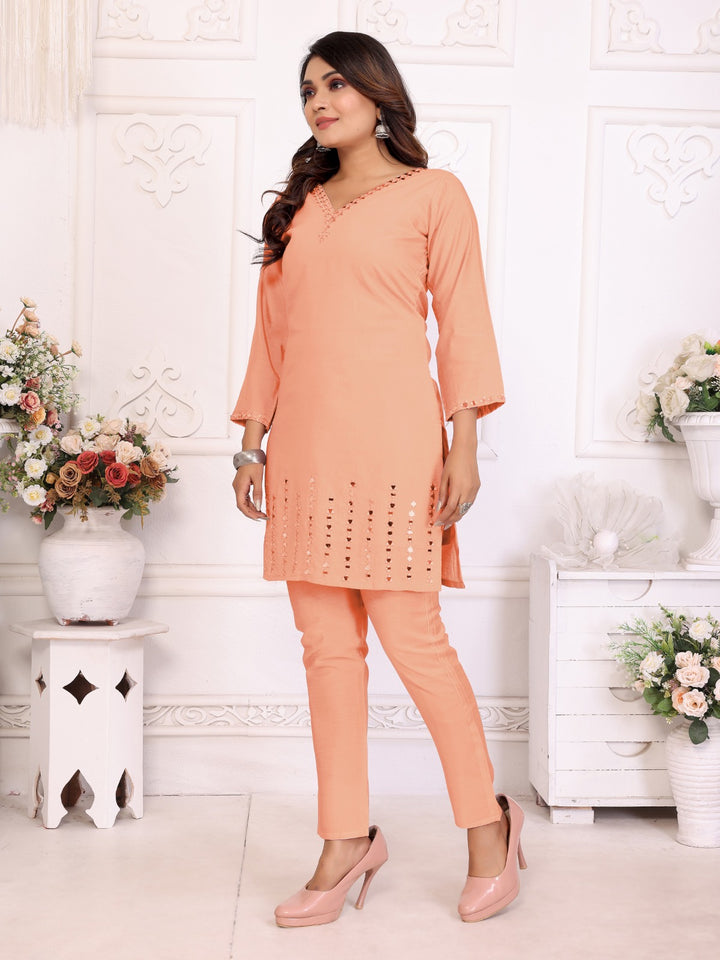 Divya Peach Mirror Work Co-ord Set