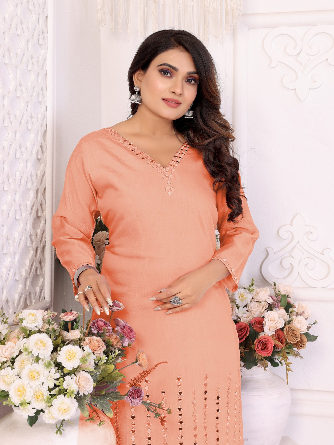 Divya Peach Mirror Work Co-ord Set
