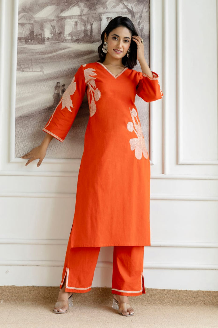 Samiha apricot embroidery Kurta pant set