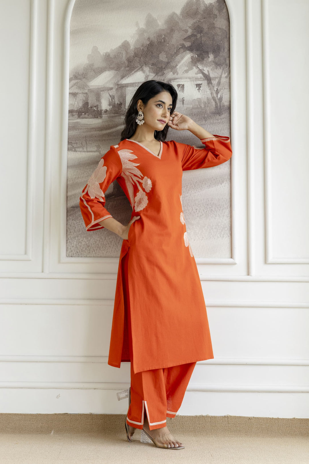 Samiha apricot embroidery Kurta pant set