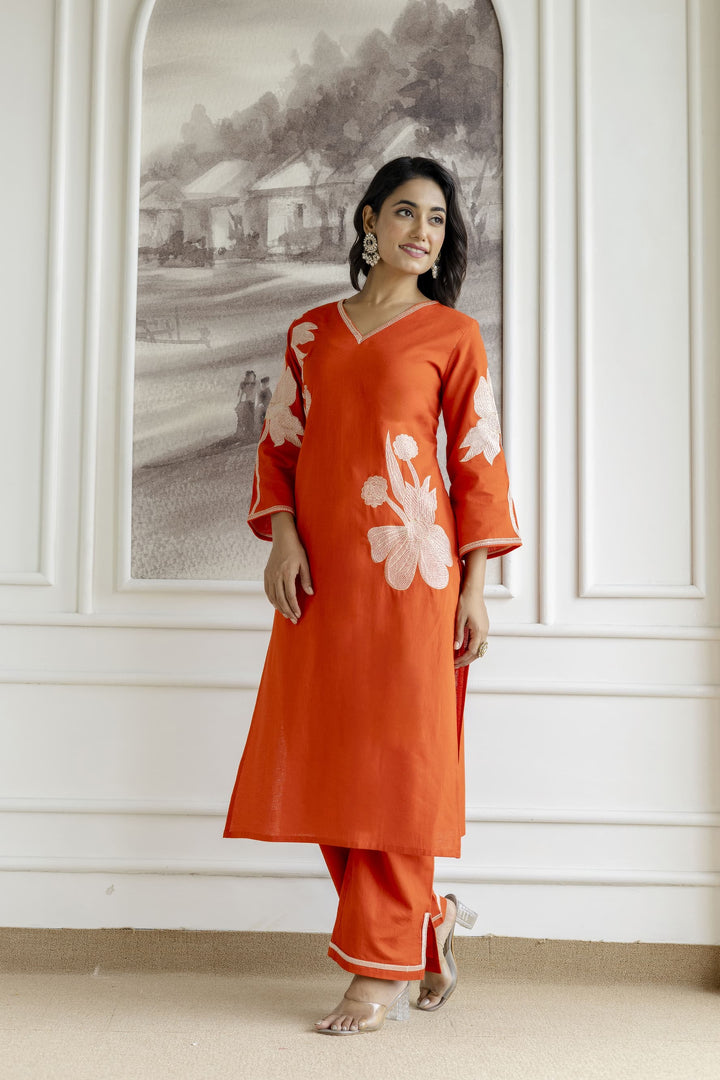 Samiha apricot embroidery Kurta pant set