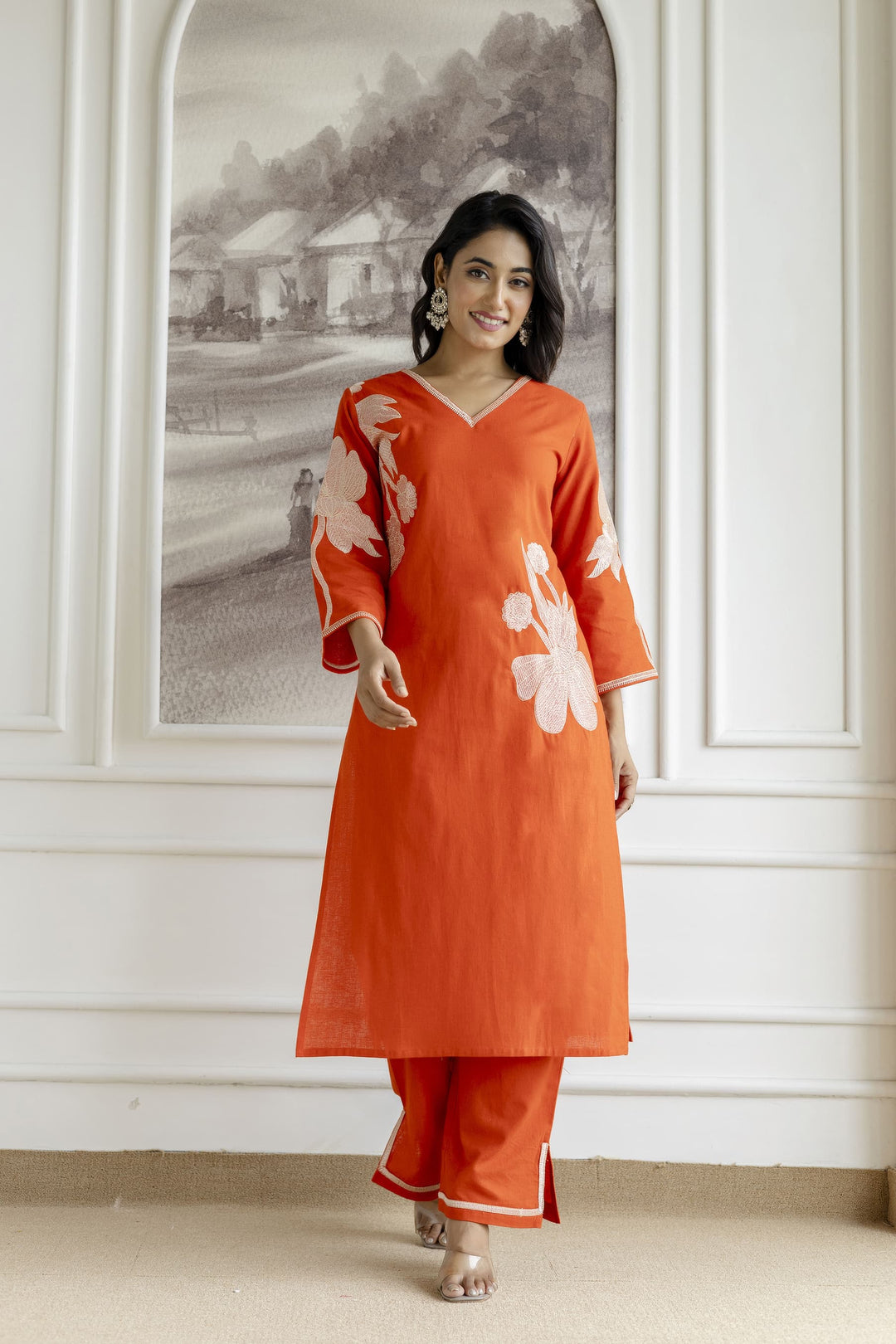 Samiha apricot embroidery Kurta pant set