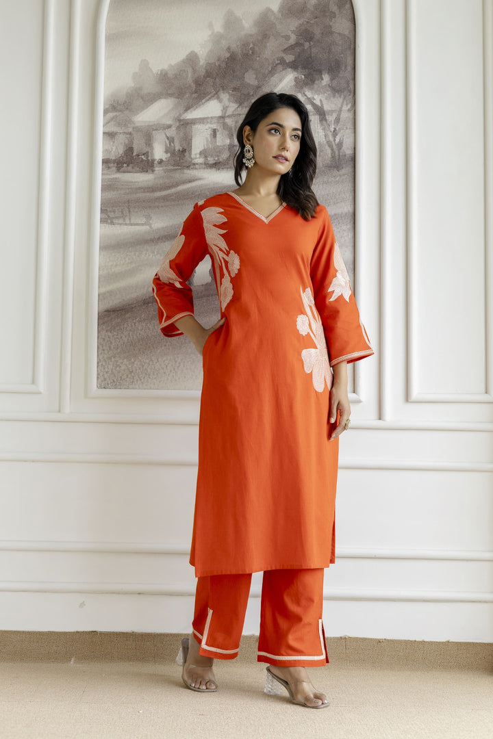 Samiha apricot embroidery Kurta pant set
