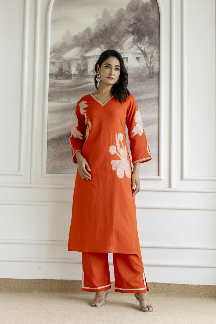 Samiha apricot embroidery Kurta pant set