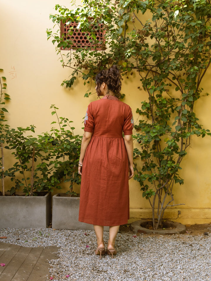 Viva Rust embroidery Cotton Dress